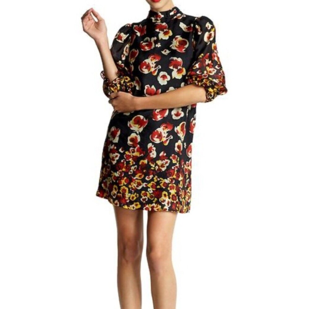 Aryn K Black Dark Floral Shift Silk Mini Dress Red Yellow Accents Size M